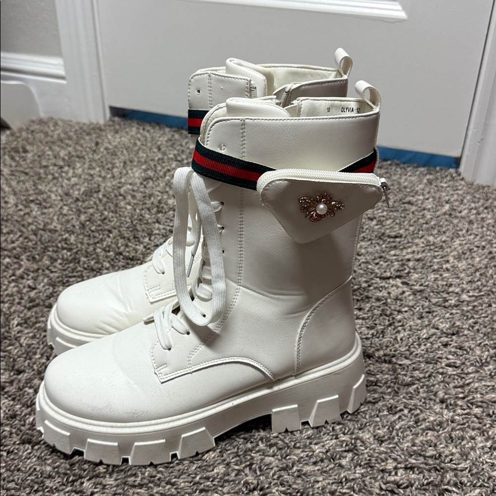 White Chunky Lace-Up Boots with Red and Black Stripe